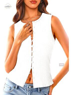 Slim Fit Ribbed Cropped Tank Top Button Down Vest Summer Going Out